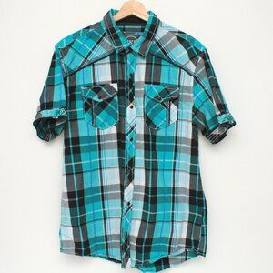 BKE Button Up Pearl Snap Shirt Large SS Blue-Green Checkered Athletic Fit